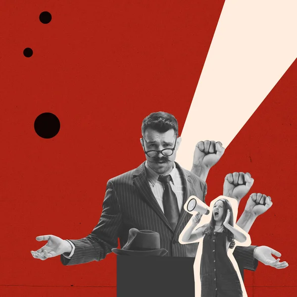 Freedom of speech, choice. Politic, business man and people vote, protest over red background. Contemporary art collage. Concept of social issues, propaganda, mental health