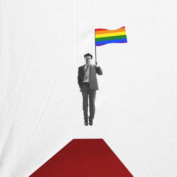 Contemporary art collage. young man with flag lands on red carpet. LGBT rights and people equality concept. Contemporary art. Creative conceptual and colorful collage. Support, hope, equlity and