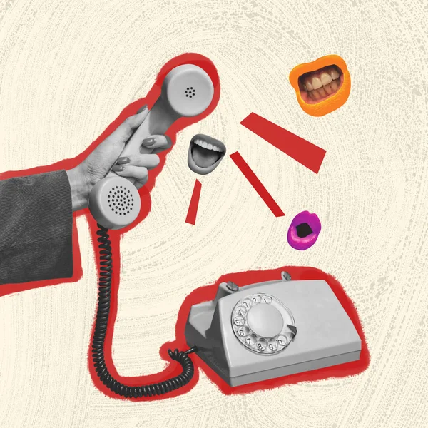 Colagem Arte Contemporânea Mão Humana Segurando Telefone Vintage Retro Isolado — Fotografia de Stock