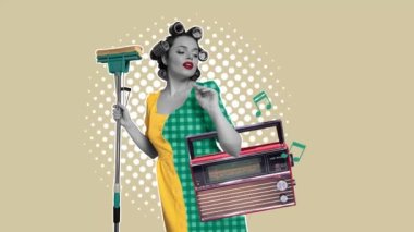 Yaratıcı tasarım. Çağdaş sanat eserleri, saç bigudileri içinde güzel bir kadın, modern yer paspası ve retro radyo seti tutuyor. Müzikli komik temizlik. İlham kavramı, yaratıcılık. Klasik sanat.