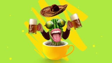 Ellerinde köpüklü bira bardakları olan mutlu bir kaktüsle hareketli animasyonu durdurun. Festival, ruh hali, zevk, içki ve tatil kavramı, Ekim Festivali