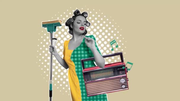 Kreatywny Projekt Współczesna Grafika Piękną Kobietą Lokówkach Włosów Nowoczesnym Mopem — Wideo stockowe
