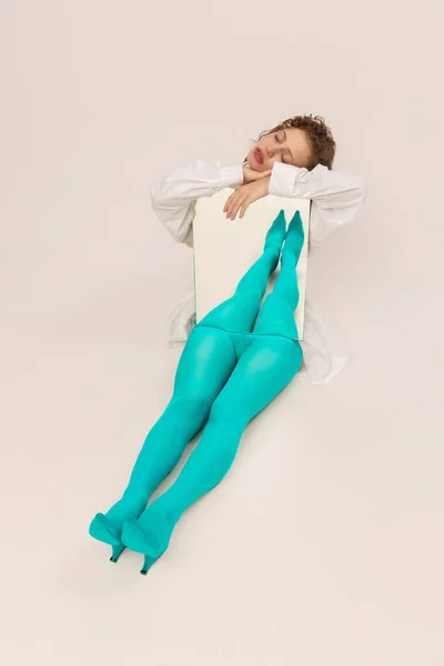 Infinity Studio Shot Young Sad Girl Bright Cyanic Tights Posing — Fotografia de Stock