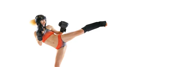 Energia Prędkość Młoda Kobieta Kickboxer Sobie Mundur Sportowy Sprzęt Ochronny — Zdjęcie stockowe