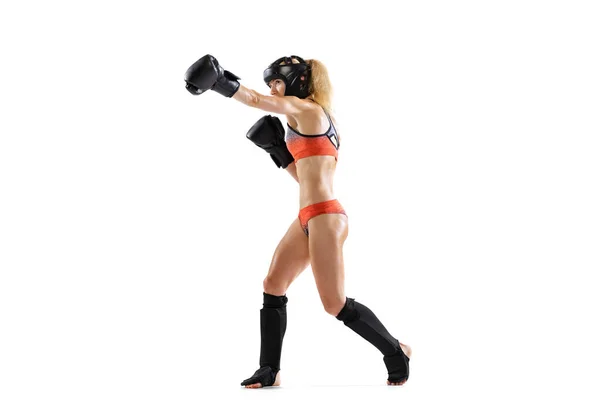 Punching Portrait Young Female Professional Kickboxer Sports Gloves Protective Helmet — Fotografia de Stock