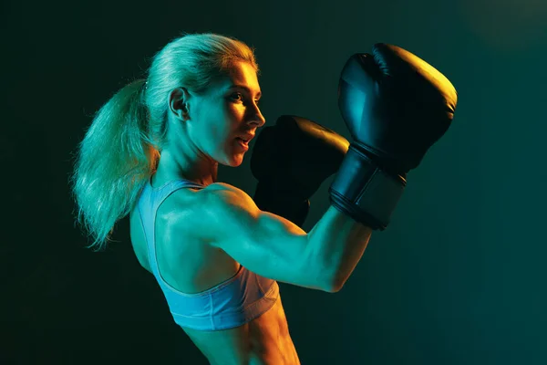 Closeup One Young Woman Female Professional Kickboxer Sports Uniform Gloves — Fotografia de Stock