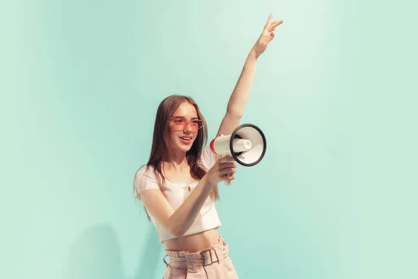 Strike Astonished Young Beautiful Girl Long Hair Using Megaphone Isolated —  Fotos de Stock