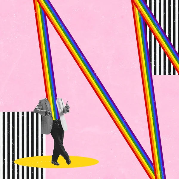 Contemporary Art Collage Retro Man Rainbow Colored Design Isolated Pink — Foto Stock