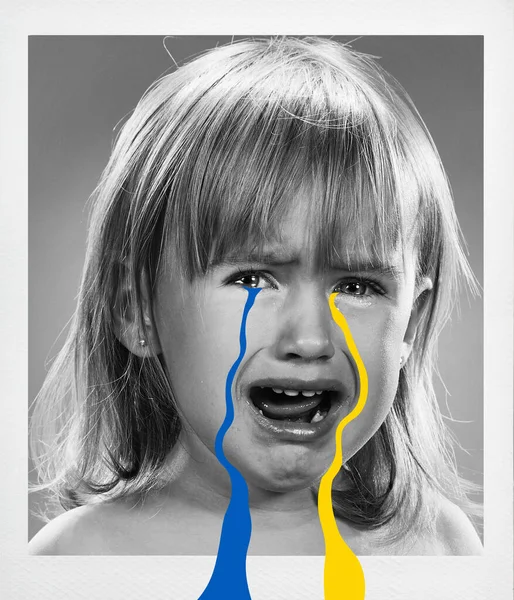 Sad Little Ukrainian Girl Tears Ukrainian Flag Colors Her Face — Fotografia de Stock