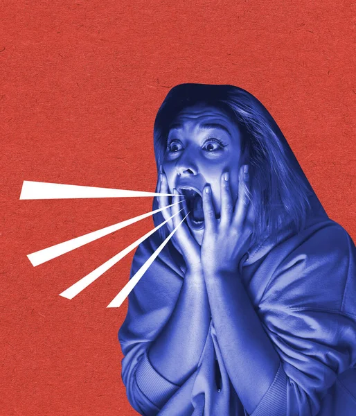 Collage Zeitgenössischer Kunst Konzeptbild Mit Gestresster Frau Kontrolle Über Sprache — Stockfoto