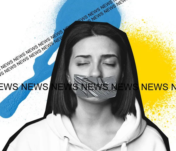 Freedom Speech Protest News Lies Concept Woman Mouth Sealed Tape — Foto de Stock