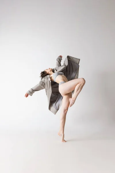 Feelings Dynamic Portrait Young Flexible Woman Lingerie Coat Dancing Isolated — Zdjęcie stockowe
