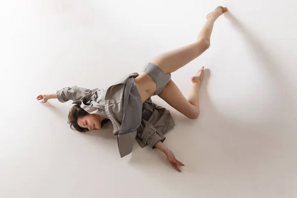 Hope Aerial View Young Sensual Woman Lingerie Coat Lying Floor — ストック写真