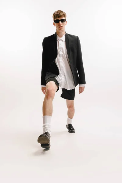 Portrait Young Stylish Man Student Posing Isolated White Studio Background — Stockfoto