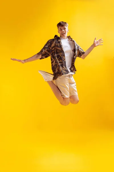 Fun Full Length Mans Portrait Isolated Bright Yellow Studio Backgroud — Stockfoto