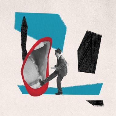 Eski tarz kıyafetler giyen bir adamla kompozisyon geniş bir ağız soyut arka plana adım atar. Çağdaş sanat kolajı. Duyguların kavramı, klasik tarz, sürrealizm, hayal gücü, ilham.