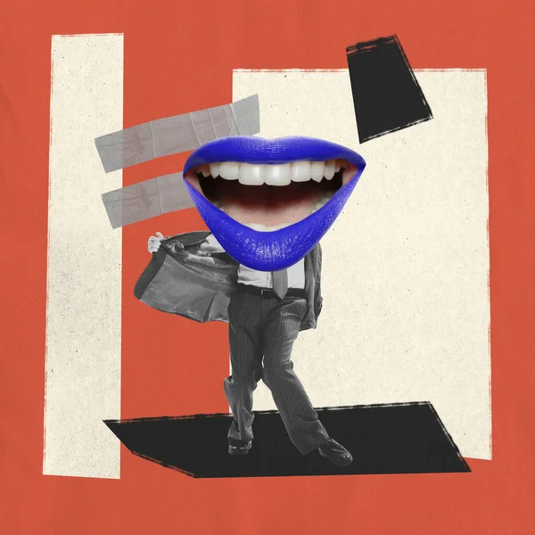 Smile Composition Man Retro Style Outfit Big Mouth Abstract Background — Foto de Stock