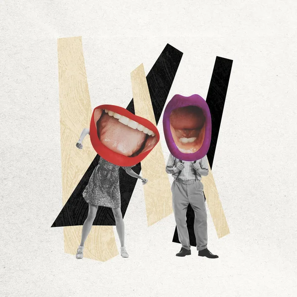 Small talks. Contemporary art collage. Couple, man and woman with big open mouths instead heads over abstract background. Concept of vintage style, surrealism, imagination, inspiration.