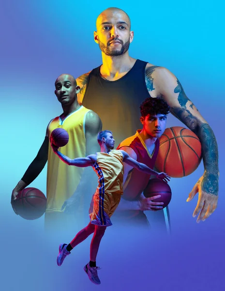 Kompozytowy Obraz Profesjonalnymi Sportowcami Koszykarzami Niebieskim Tle Neonowym Świetle Sport — Zdjęcie stockowe
