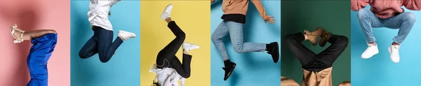 Kopfüber Collage Mit Weiblichen Und Männlichen Beinen Farbigen Schuhen Turnschuhen — Stockfoto