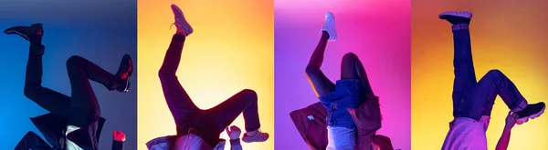 Hip-hop dancers. Set with images of female and male legs in colored shoes, sneakers, trainers dancing isolated over multicolored background in neon. Concept of fashion, sales, ads. Horizontal flyer