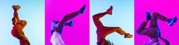 Jump, dance, step. Collage with dancing, moving legs wearing shoes, sneakers, trainers isolated over bright multicolored background in neon. Concept of fashion, sales, ads. Horizontal flyer