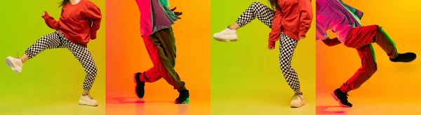 ヒップホップダンサー 色のついた靴 スニーカー ネオンの多色の背景の上で孤立したダンストレーナーの女性と男性の足のイメージで設定されています ファッション 広告の概念 水平線 — ストック写真