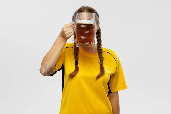 Huge Beer Mug Young Excited Woman Yellow Football Kit Holding —  Fotos de Stock