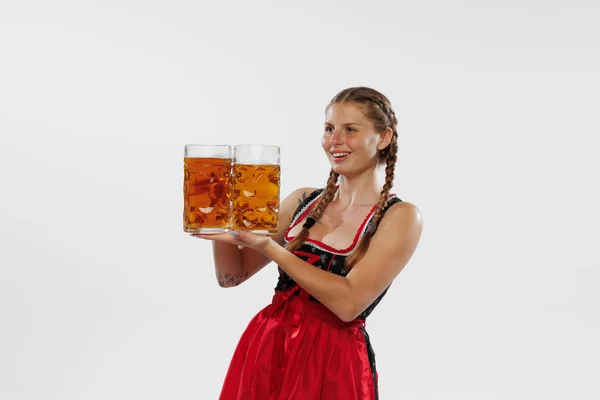 Oktoberfest Vibe Adorable Smiling Woman Waitress Wearing Traditional Bavarian German — Stockfoto