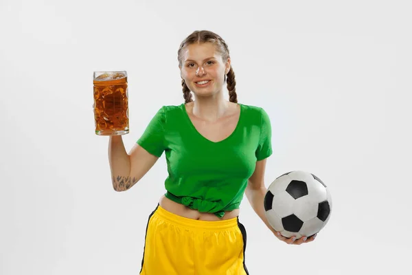 Happy Excited Woman Green Yellow Football Kit Holding Beer Mug — ストック写真