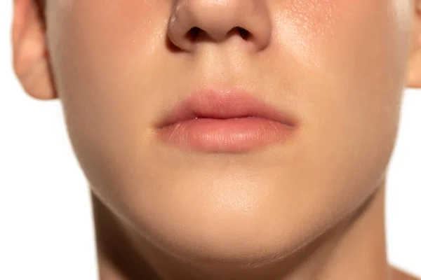 Lips Calm Emotions Cropped Face Young Man Well Kept Skin — Stock Photo, Image