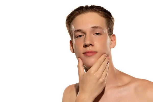First Shaving Close Portrait Young Handsome Man Isolated White Studio — 스톡 사진