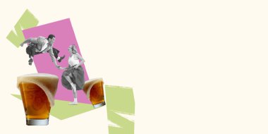 Çağdaş sanat kolajı. Yaratıcı tasarım. Tarz sahibi erkek ve kadın retro dans ediyor, alkol içiyor, parti veriyor. Yaratıcılık kavramı, eğlence, boş zaman, eski moda. İlan için boşluk kopyala, poster