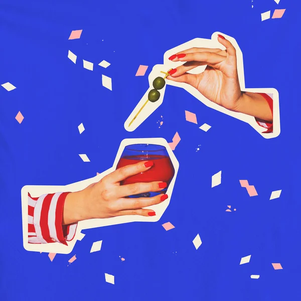 Contemporary Art Collage Creative Design Female Hands Holding Delicious Bloody — Fotografia de Stock