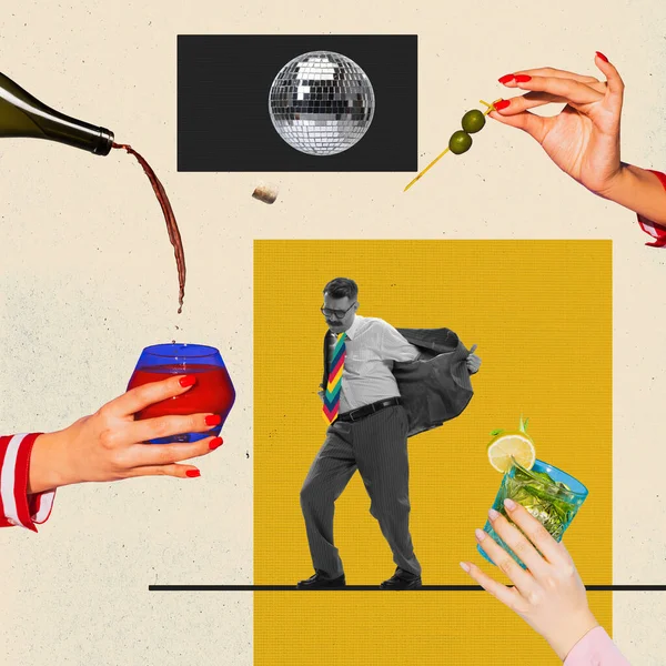 Contemporary Art Collage Creative Design Businessman Visiting Party Celebration Drinking — ストック写真
