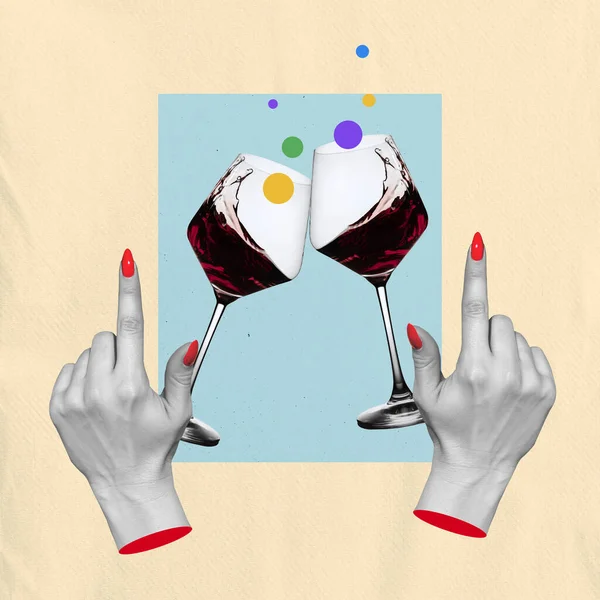 Contemporary Art Collage Creative Design Cheerful Womens Meeting Wine Degustation —  Fotos de Stock