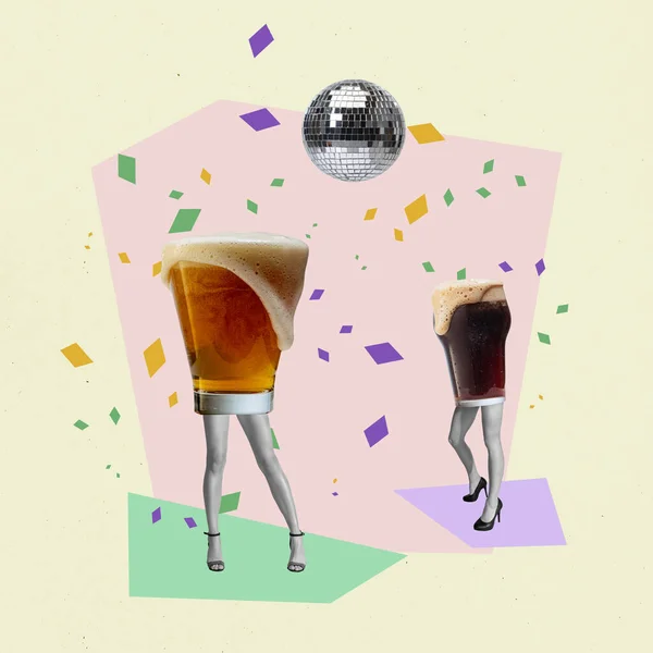 Contemporary Art Collage Creative Design Lager Foamy Beer Glasses Slender — ストック写真