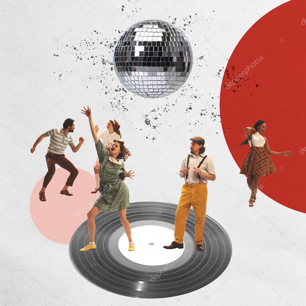 Contemporary art collage. Creative design. Group of young cheerful people in vintage clothes dancing on vinyl record, having celebration, party. Concept of creativity, fun, leisure time, retro fashion