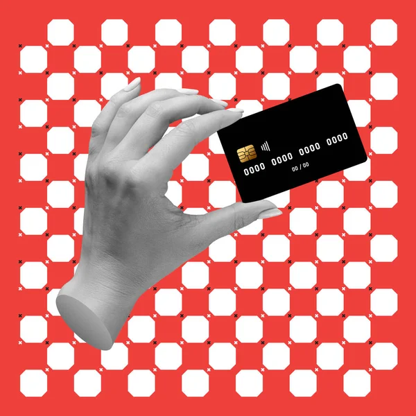 Çağdaş Sanat Kolajı Kırmızı Zemin Üzerinde Beyaz Noktalı Siyah Kredi — Stok fotoğraf