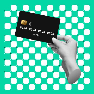 Contemporary art collage. Modern design with female hand holding black credit card isolated on green background with white dots. Concept of economy, banking, money, payment, shopping, finance.