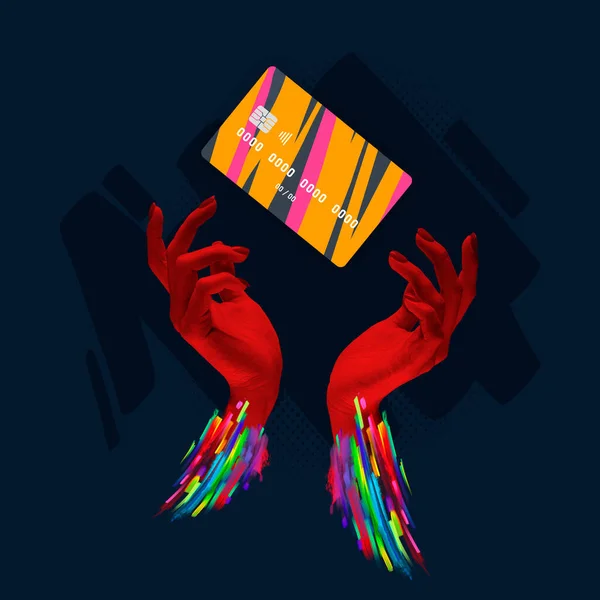 Kolaż Sztuki Współczesnej Nowoczesny Kolorowy Design Kartą Kredytową Ludzkiej Dłoni — Zdjęcie stockowe