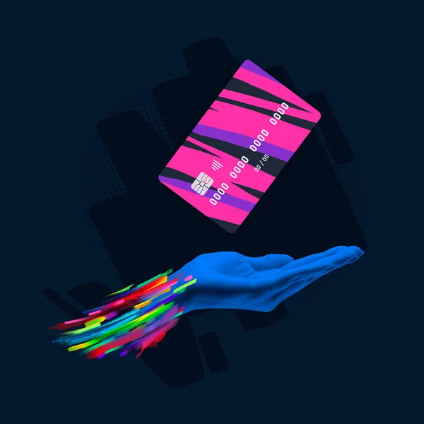 Contemporary Art Collage Modern Colorful Design Credit Card Human Hand — ストック写真