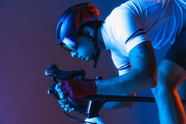 Closeup Portrait Professional Male Cyclist Sports Uniform Goggles Helmet Blue — Zdjęcie stockowe