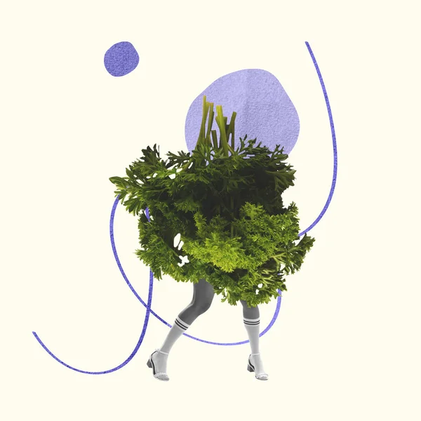 Dance Composition Huge Green Vegetable Parsley Human Legs Isolated Light — Fotografia de Stock