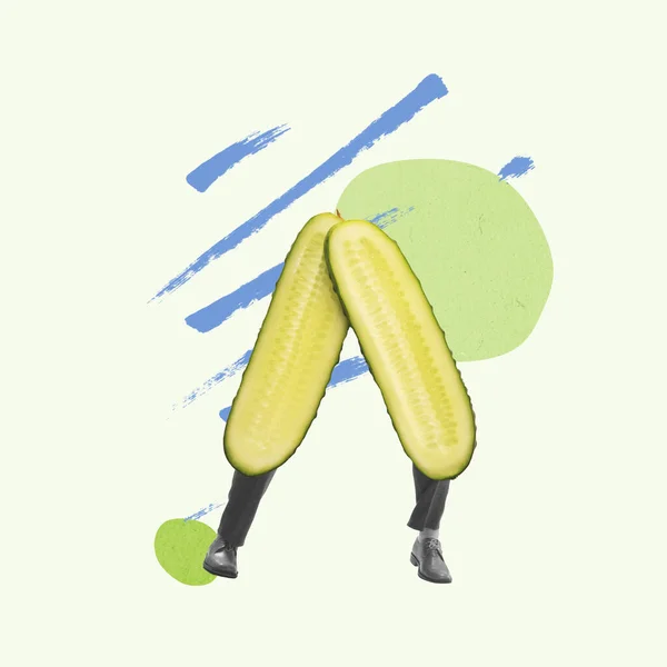 Composition Huge Cucumber Vegetable Human Legs Isolated Light Background Healthy — Fotografia de Stock