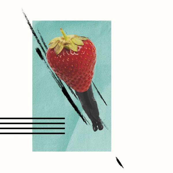 Flying Strawberry Creative Artwork Ripe Berries Human Legs Isolated Light — Stok fotoğraf