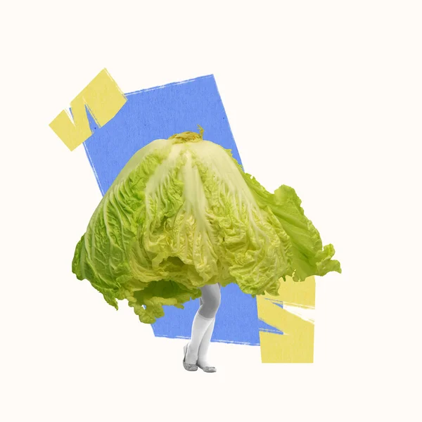 Vegie 配以绿色色拉 人腿上的蔬菜 在浅色背景下隔离 健康饮食 生态产品 维生素概念 现代设计 当代艺术拼贴 — 图库照片