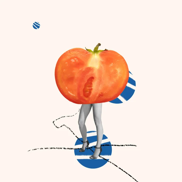 Red Huge Tomato Vegetable Female Slender Legs Isolated Light Background — ストック写真