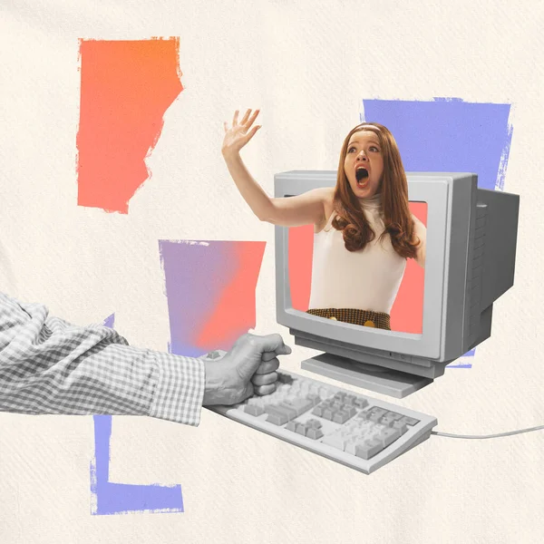 Contemporary Art Collage Stylish Young Girl Sticking Out Computer Monitor — Foto de Stock