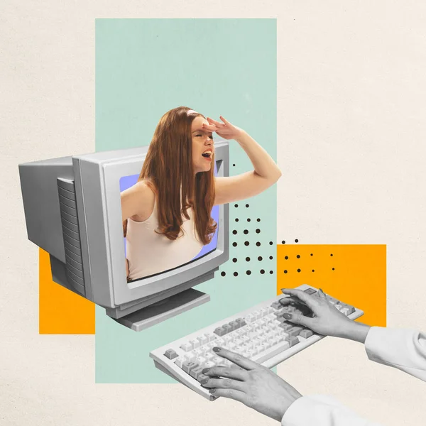 Contemporary Art Collage Stylish Young Girl Sticking Out Computer Monitor — Stok fotoğraf